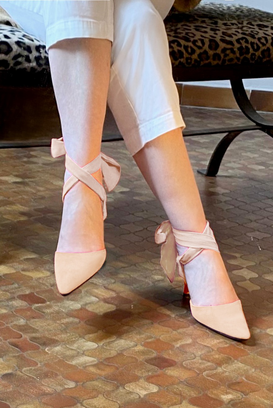 Powder pink women's open back shoes, with an ankle scarf. Tapered toe. Low flare heels. Worn view - Florence KOOIJMAN